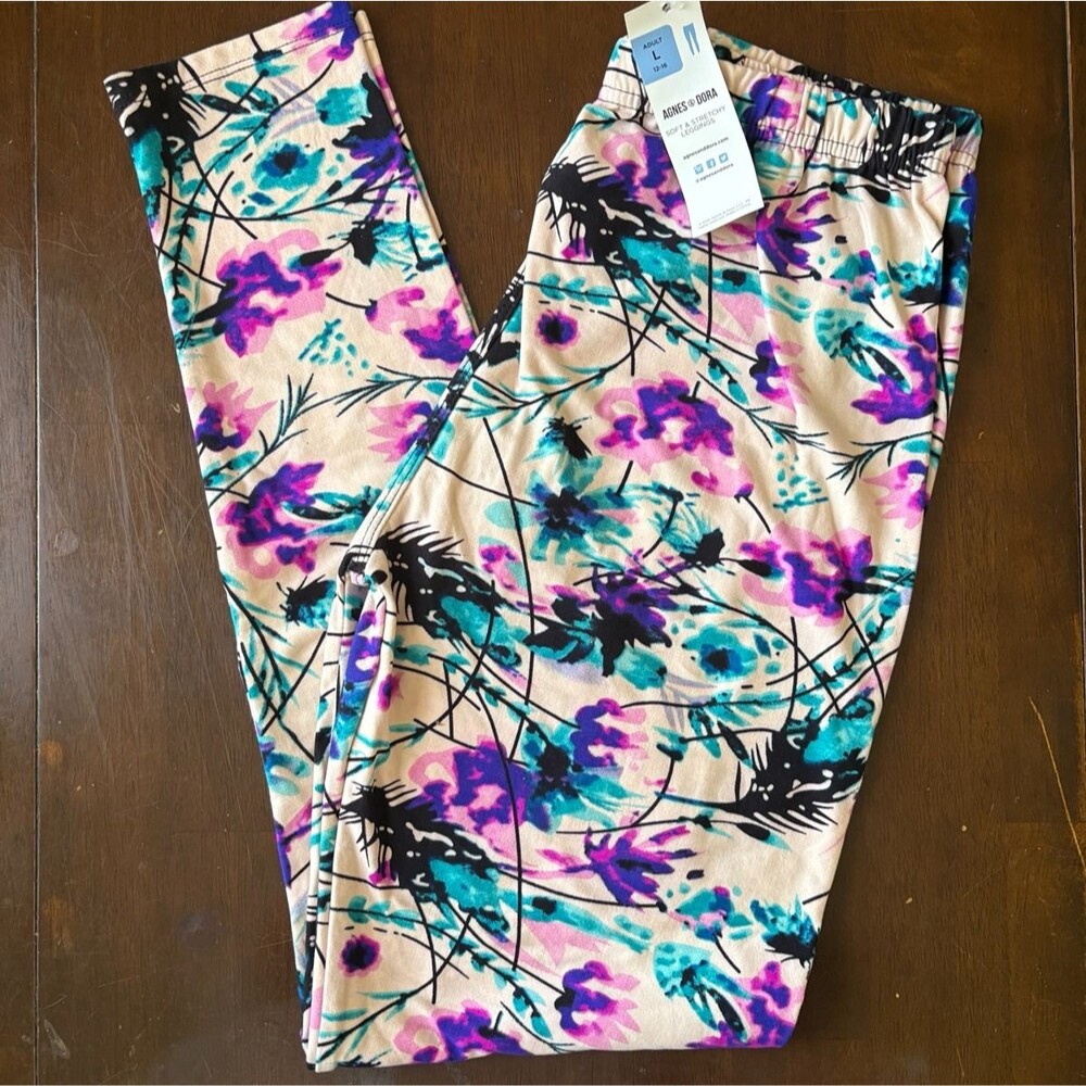 Woman's leggings pink blue white floral trees feathers flowers ombre high waist